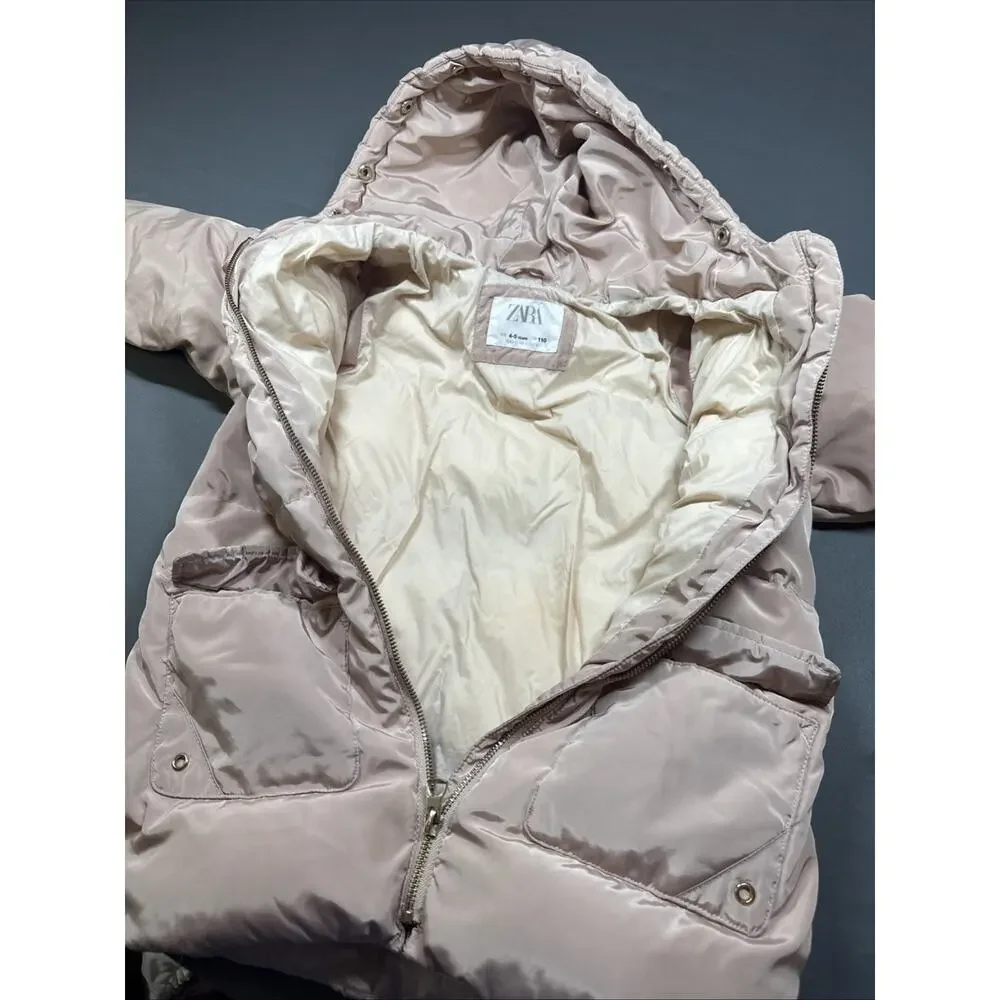 ZARA Girls Puffer Jacket Size 4-5 Years (110 cm) Light Pink Quilted Winter Coat